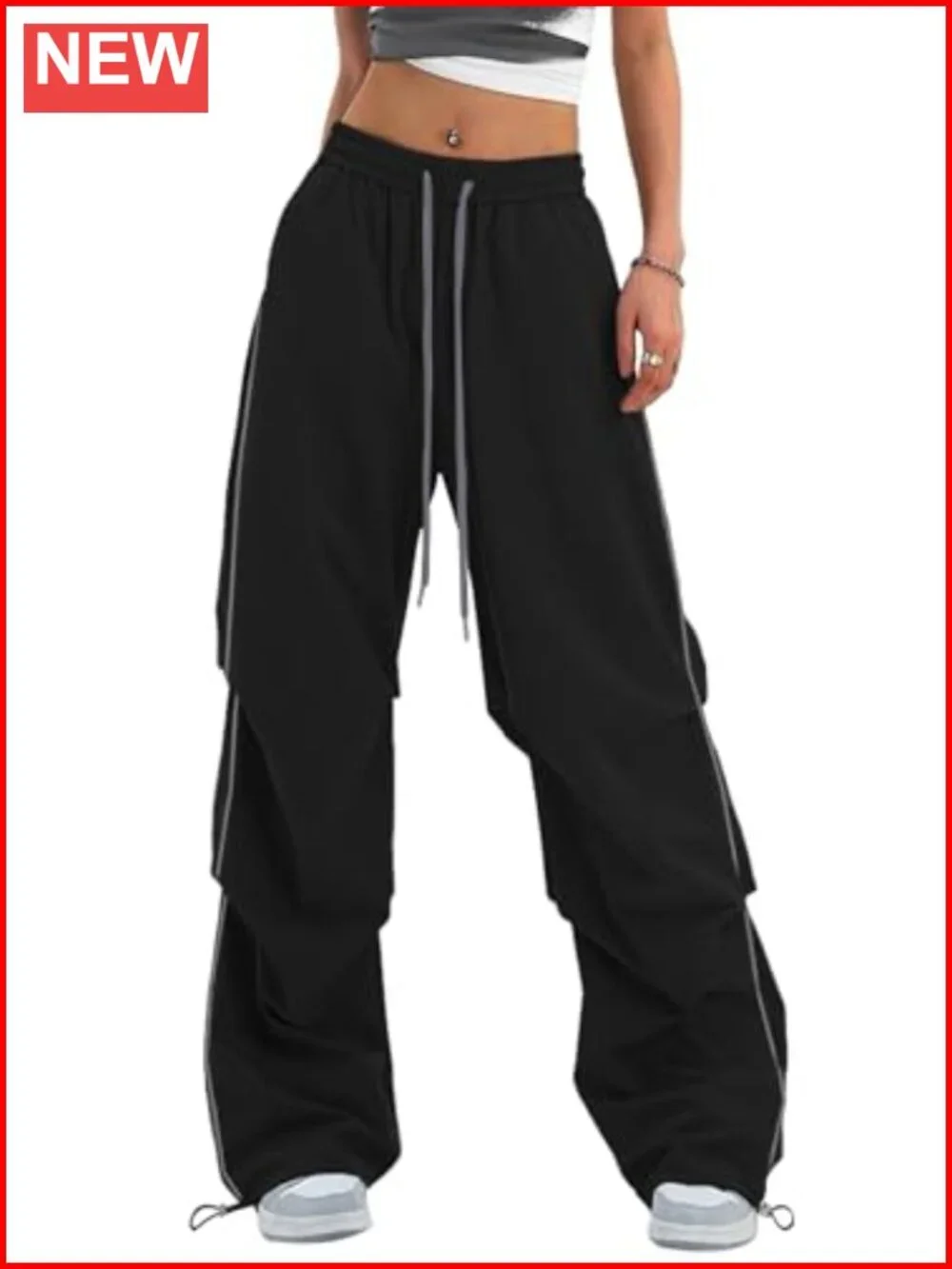 Y2K Baggy Parachute Cargo Pants Wide Leg Track Pants with Adjustable Drawstring